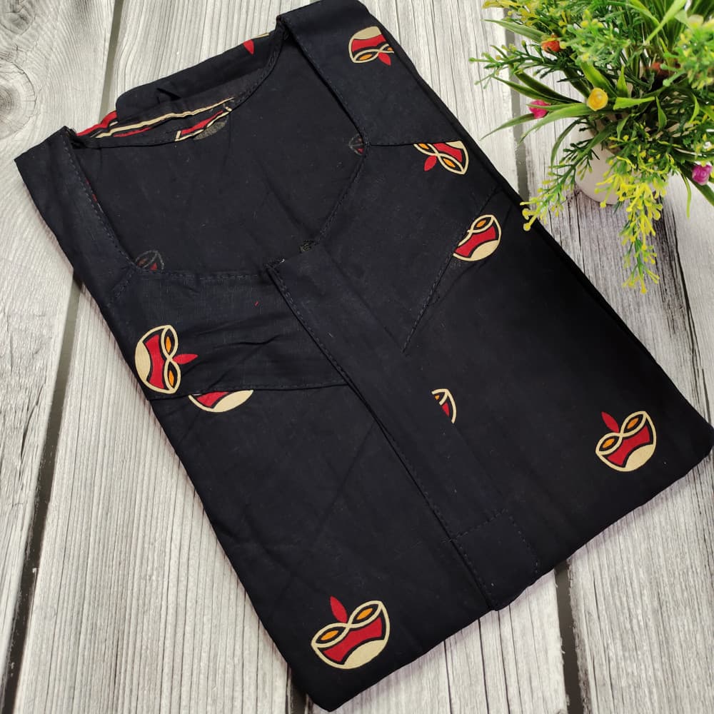 Black Gujri Print Pure Cotton Nighty for Ladies