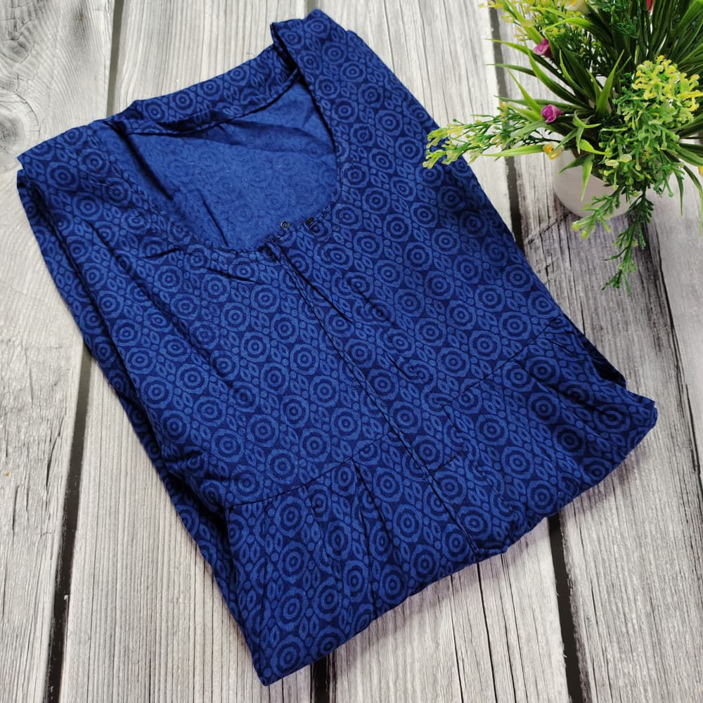 Navy Blue Cotton Printed Nighty for Ladies