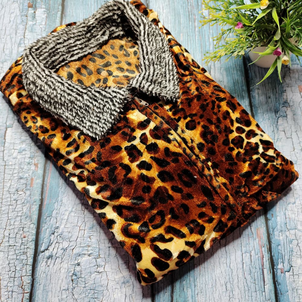 Mustard Tiger Print Velvet Nighty for Women
