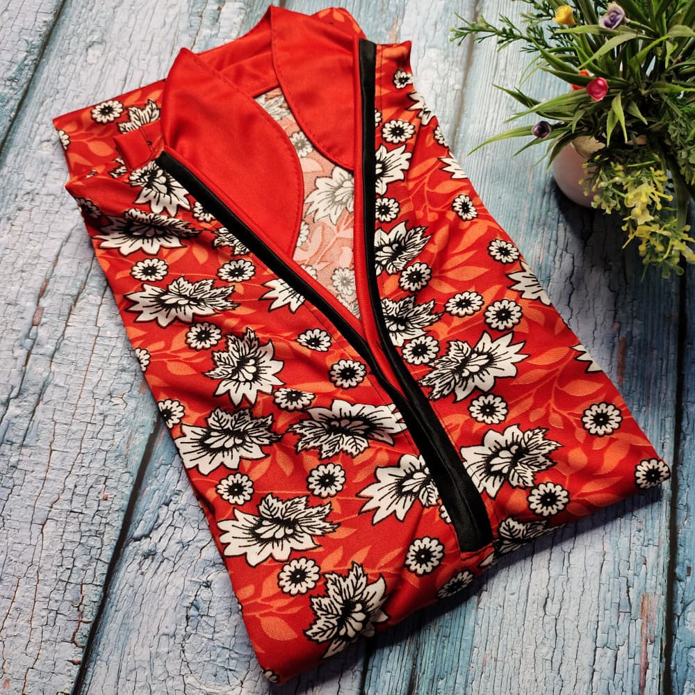 Red Stylish Neck designs flower Print Nighty