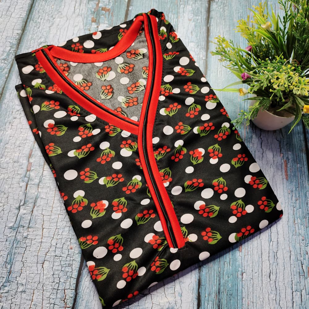 Black Stylish Neck designs flower Print Nighty