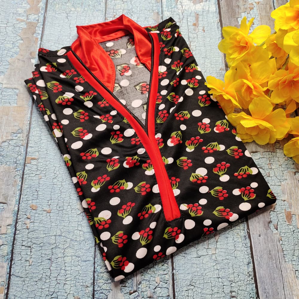 Black Stylish Neck designs flower Print Nighty