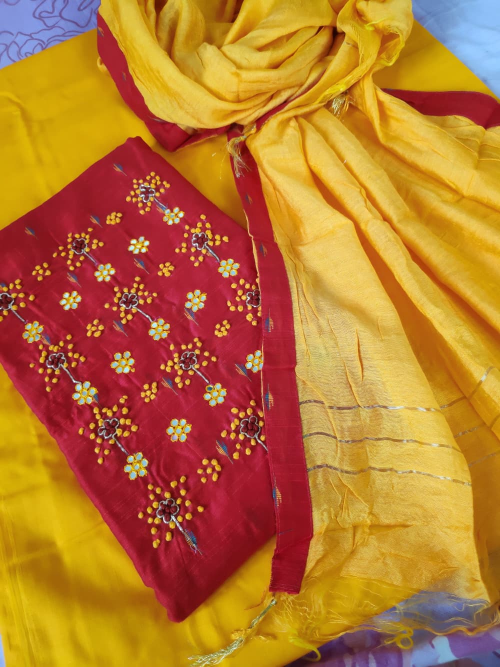 Red Chanderi Handwork Party Wear Suit Material