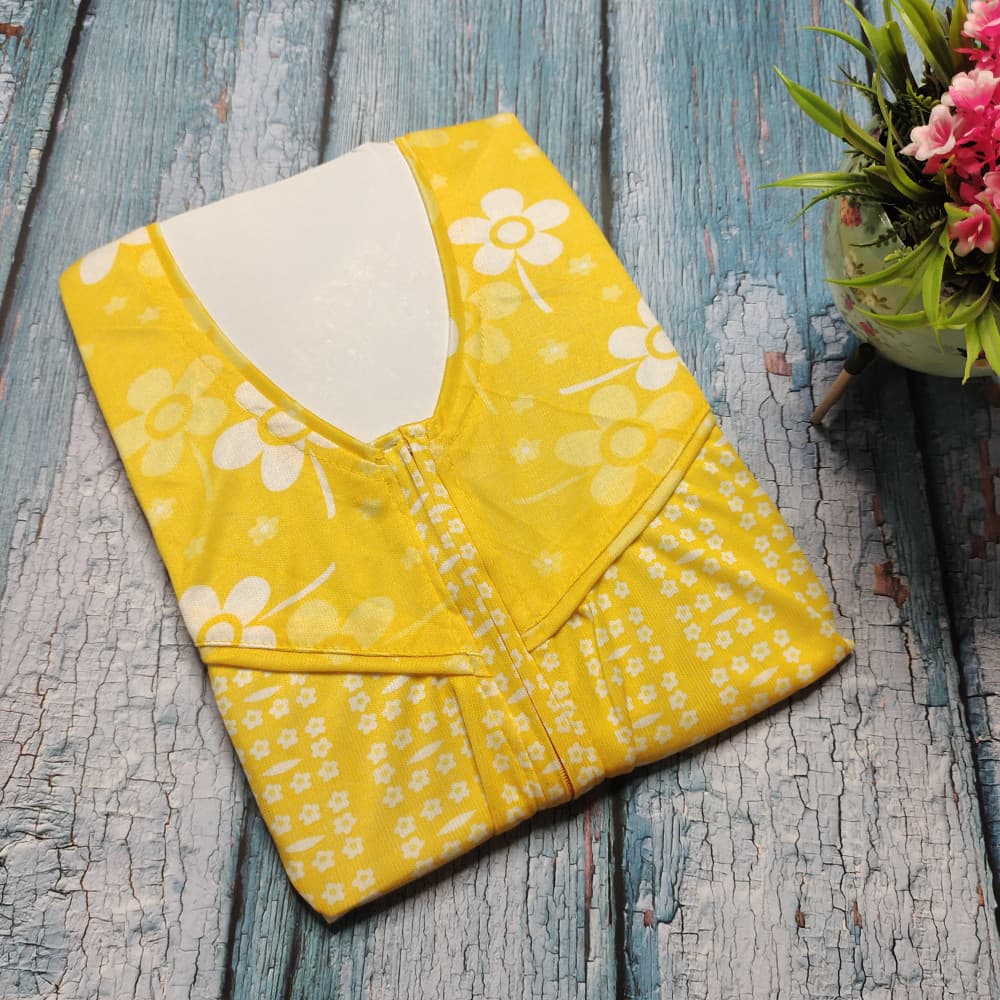 Yellow Medium-Large Size Printed Florals Hosiery Nighty with Zip