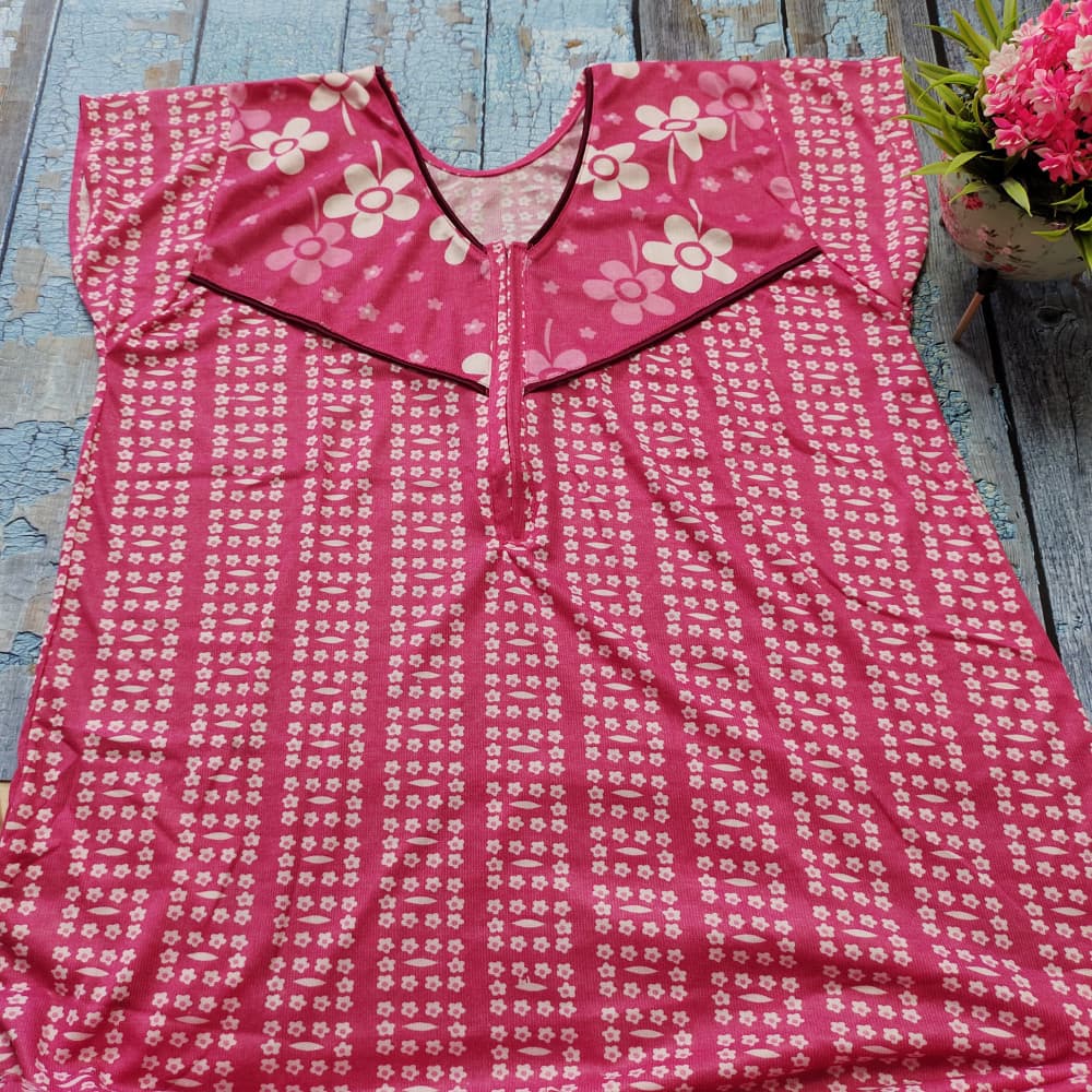 Pink Medium-Large Size Printed Florals Hosiery Nighty with Zip