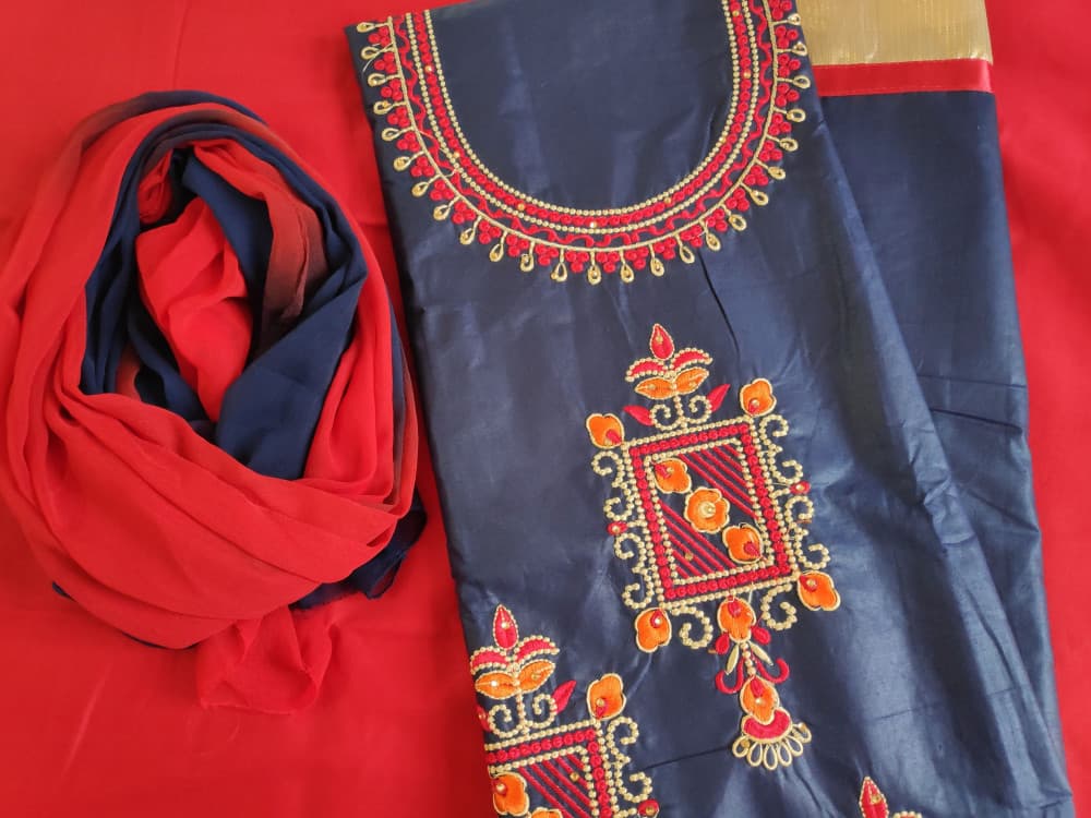 Navy Blue Casual Wear Suit Embroidered Suit With Two Tone Dupatta