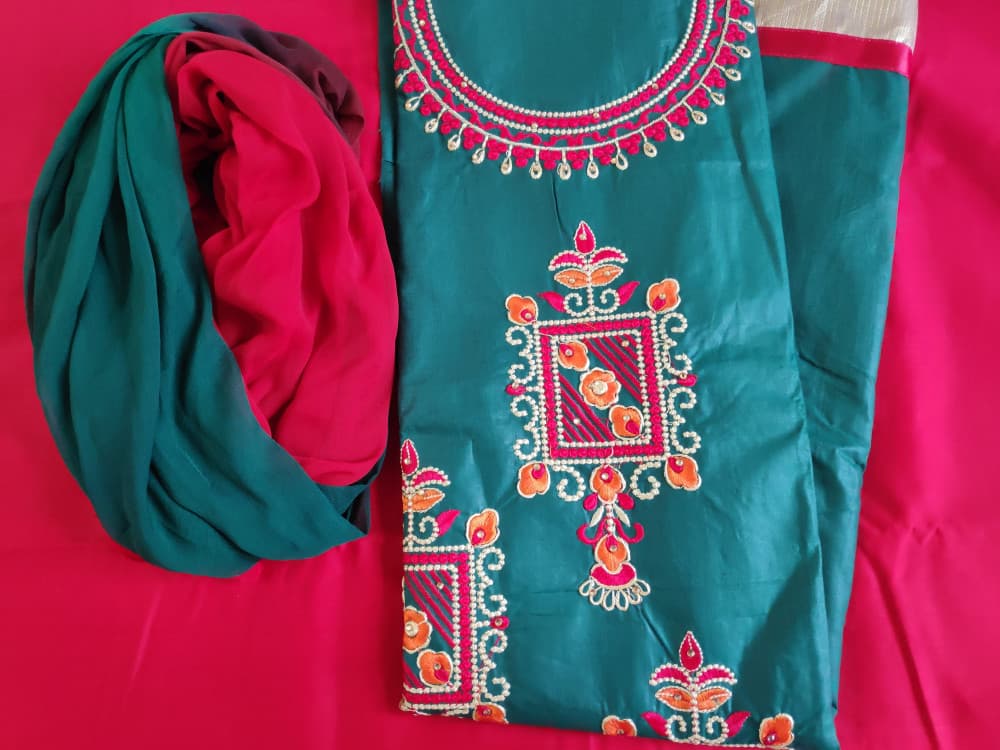 Dark Green Casual Wear Suit Embroidered Suit With Two Tone Dupatta