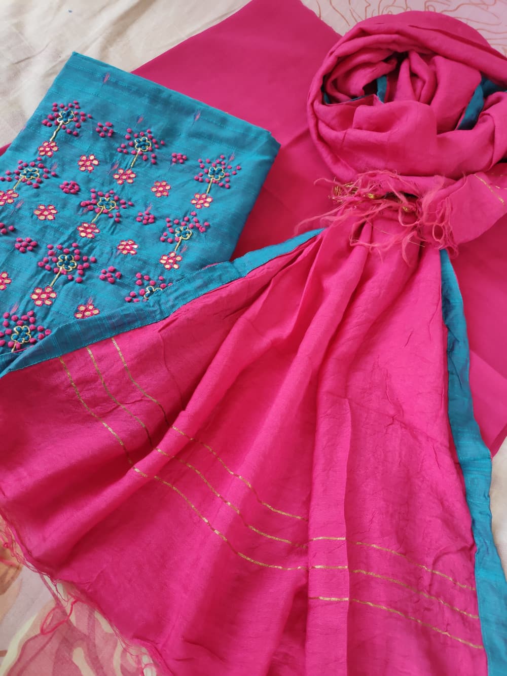 Blue Chanderi Handwork Party Wear Suit Material