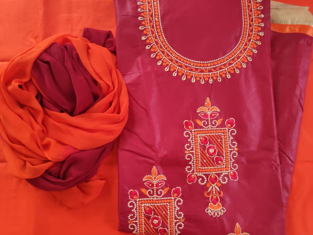 Maroon Casual Wear Suit Embroidered Suit With Two Tone Dupatta