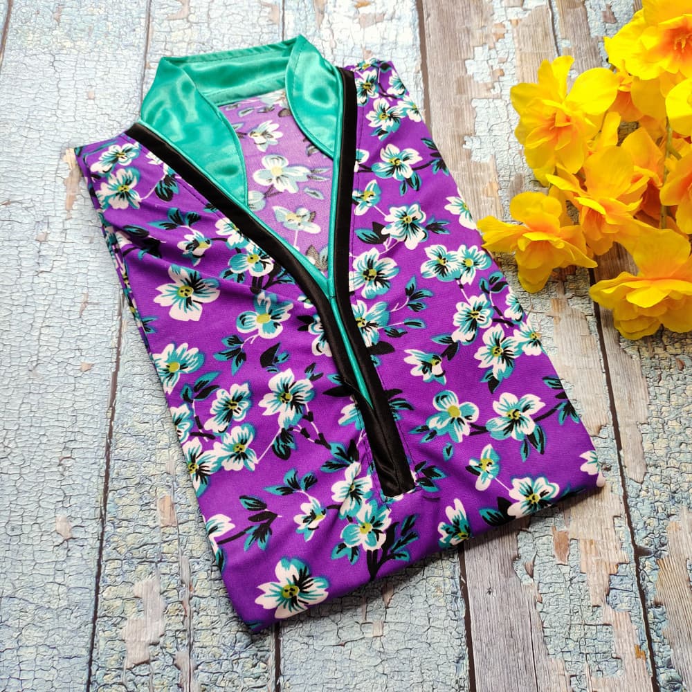 Purple Stylish Neck designs flower Print Nighty