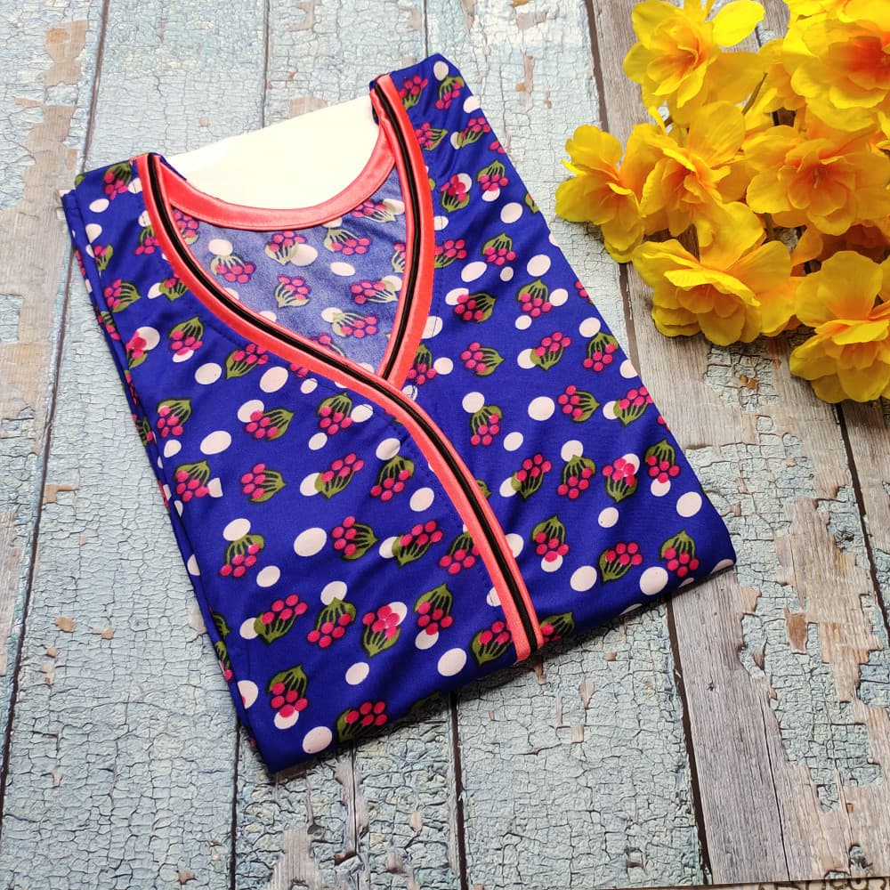 Royal Blue Stylish Neck designs flower Print Nighty