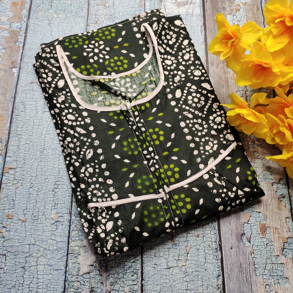 Dark Green Summer Nighty for Women Batik Print