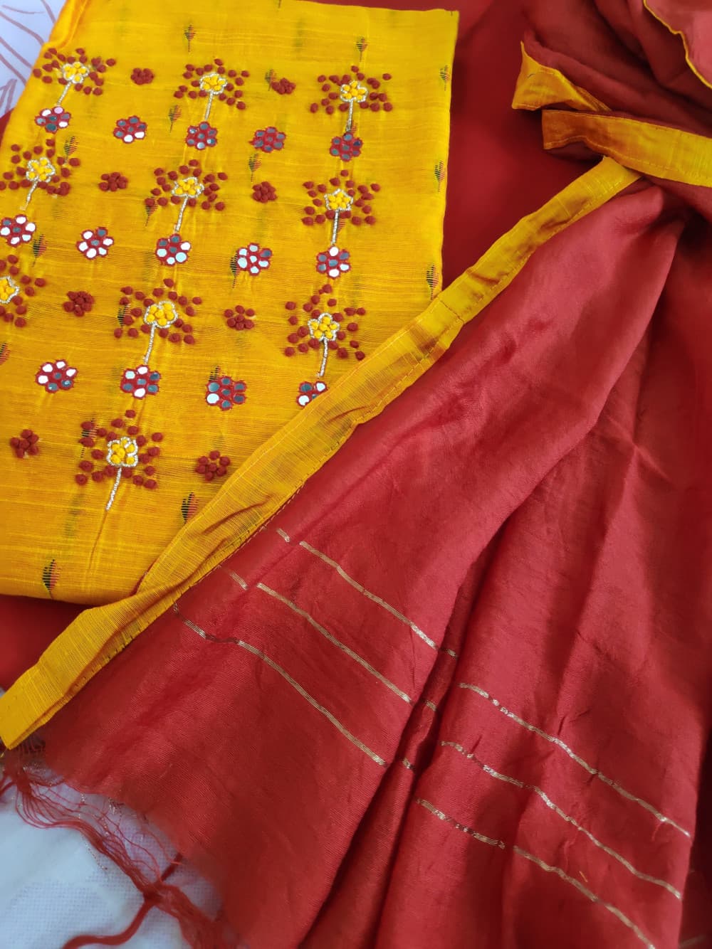 Yellow Chanderi Handwork Party Wear Suit Material