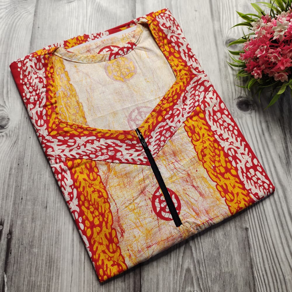 Yellow Batik Print Cotton Nighty for Ladies