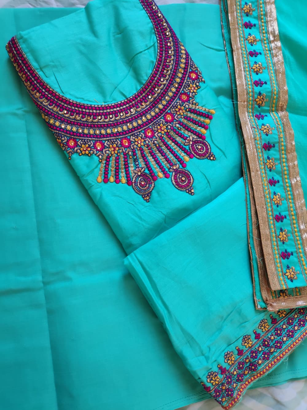 Greenish Blue Embroidered Party Wear Suit