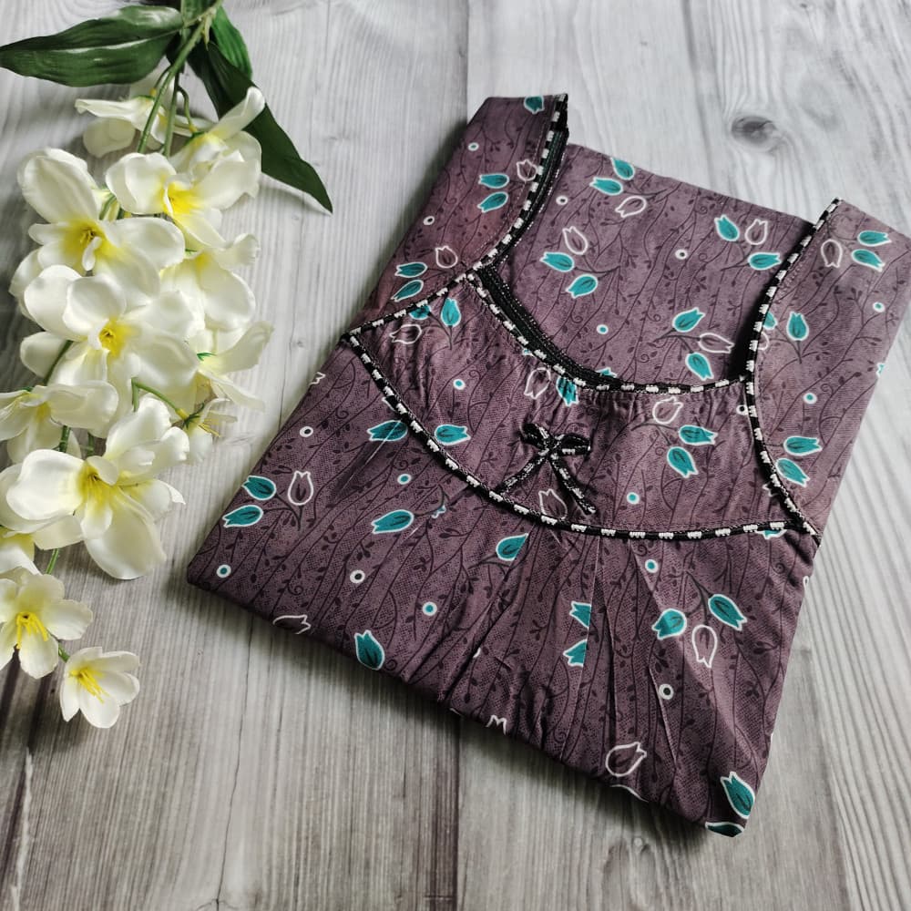Grey Piping Neck XXL Cotton Printed nighty