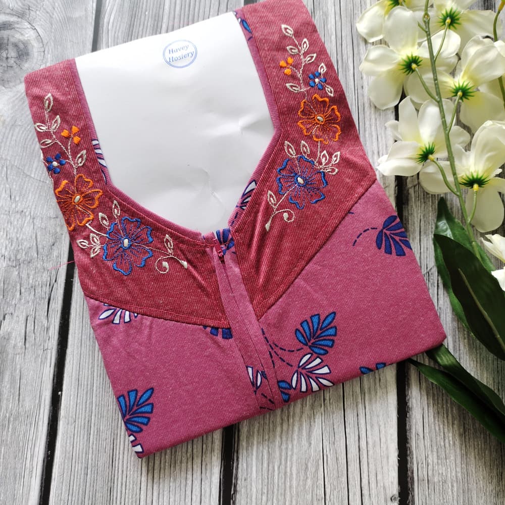 Pink Embroidery work Hosiery Nighty for Women