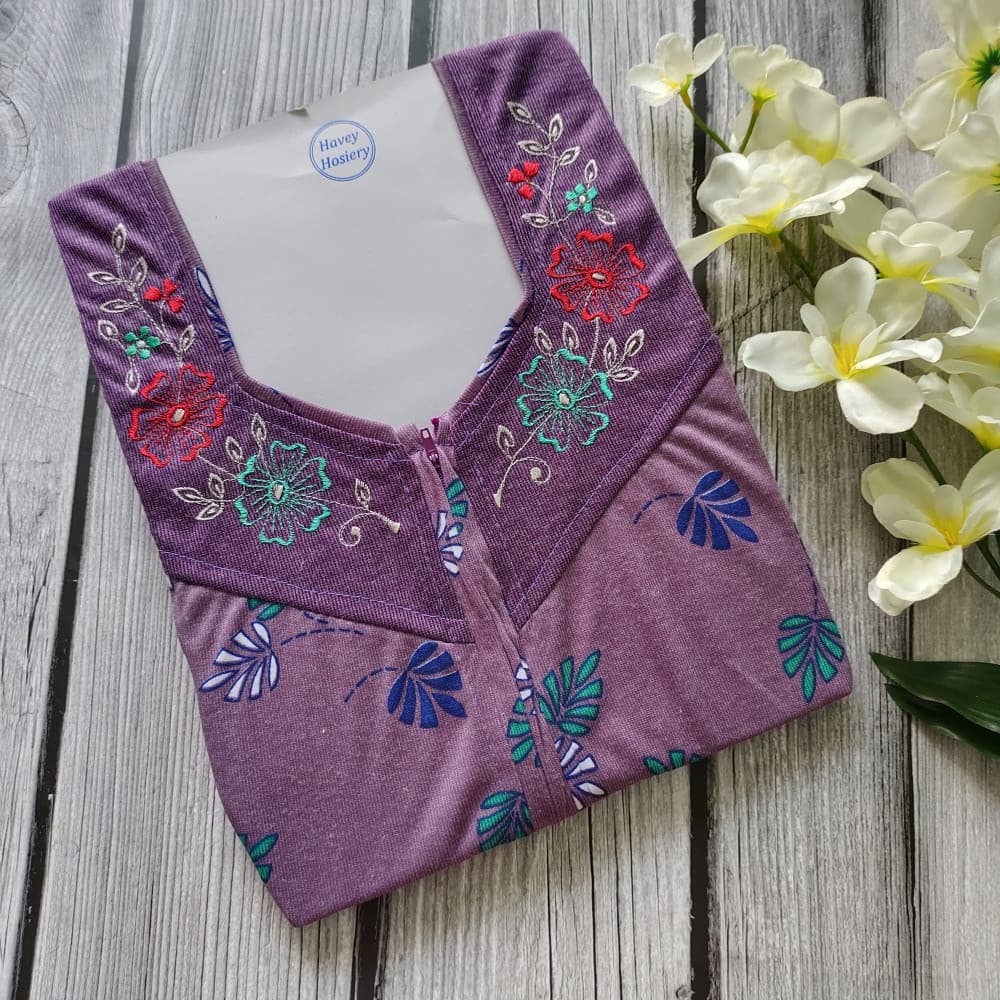 Mauve Embroidery work Hosiery Nighty for Women