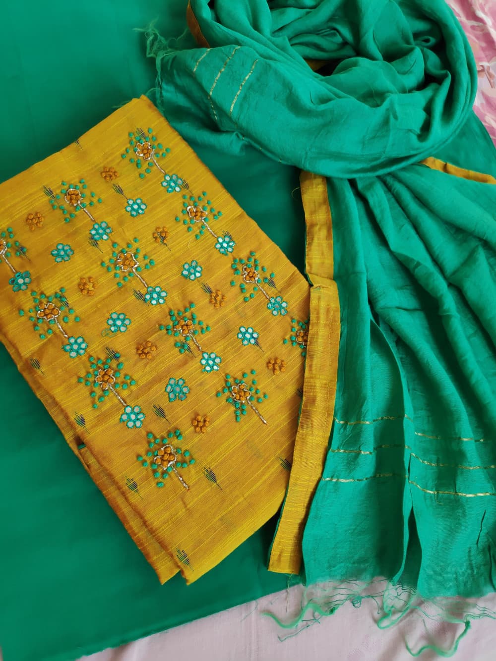 Golden Mehndi Chanderi Handwork Party Wear Suit Material