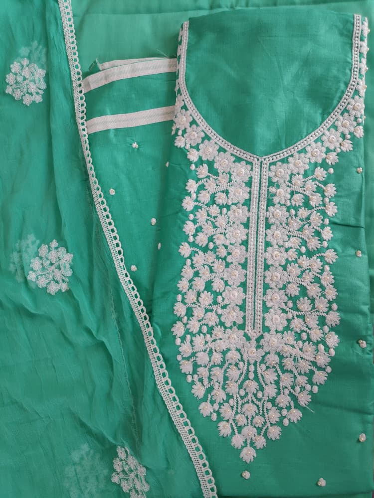 Greenish Blue Festive/ Casual Wear Suit With Thread Embroidery and Pearl Work
