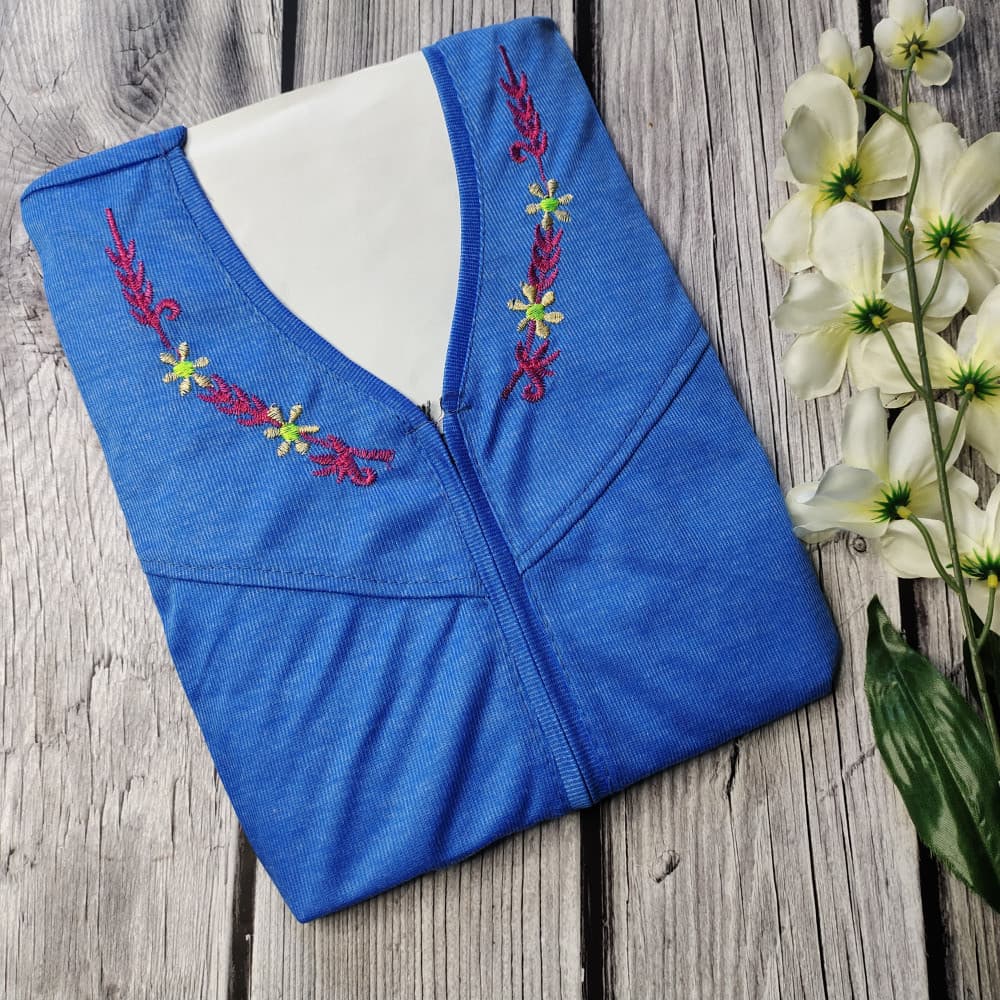 Blue Light Embroidery work Plain Hosiery Nighty for Women