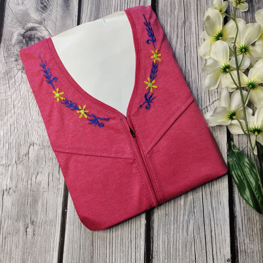 Pink Light Embroidery work Plain Hosiery Nighty for Women