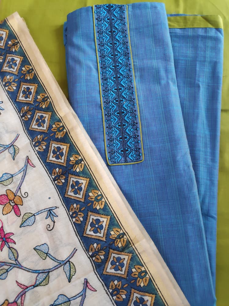 Blue Boutique style Casual/ Formal Wear Suit With Kantha Work Dupatta