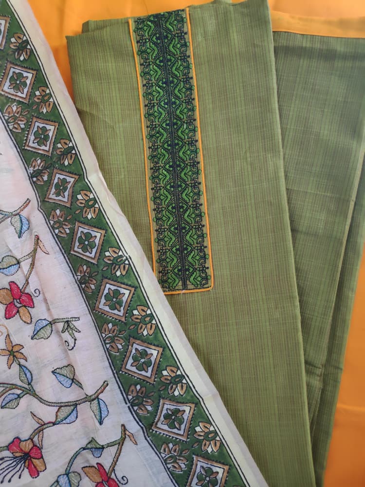 Green Boutique style Casual/ Formal Wear Suit With Kantha Work Dupatta