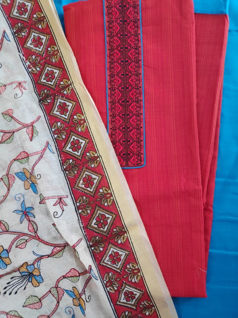 Red Boutique style Casual/ Formal Wear Suit With Kantha Work Dupatta