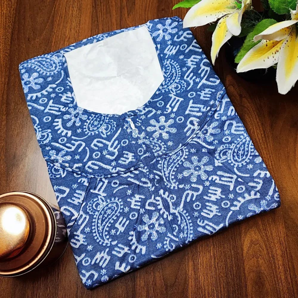 Blue Frill Sleeves pattern Hosiery Nighty for Women