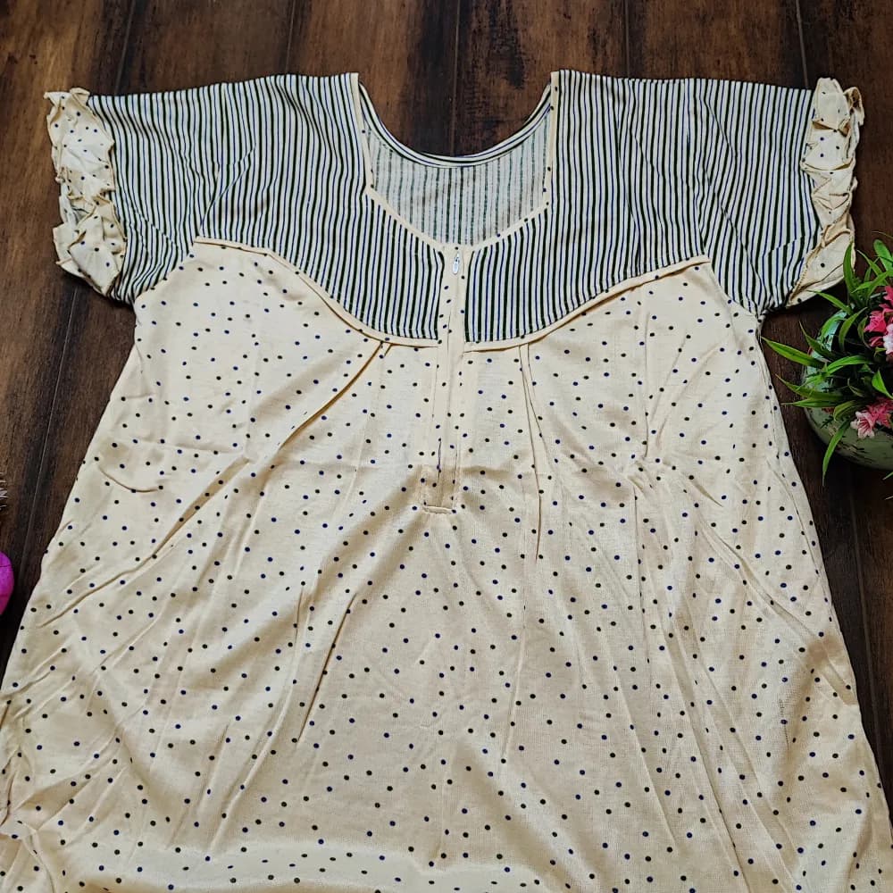 Light Yellow Frill Sleeves pattern Hosiery Nighty for Women