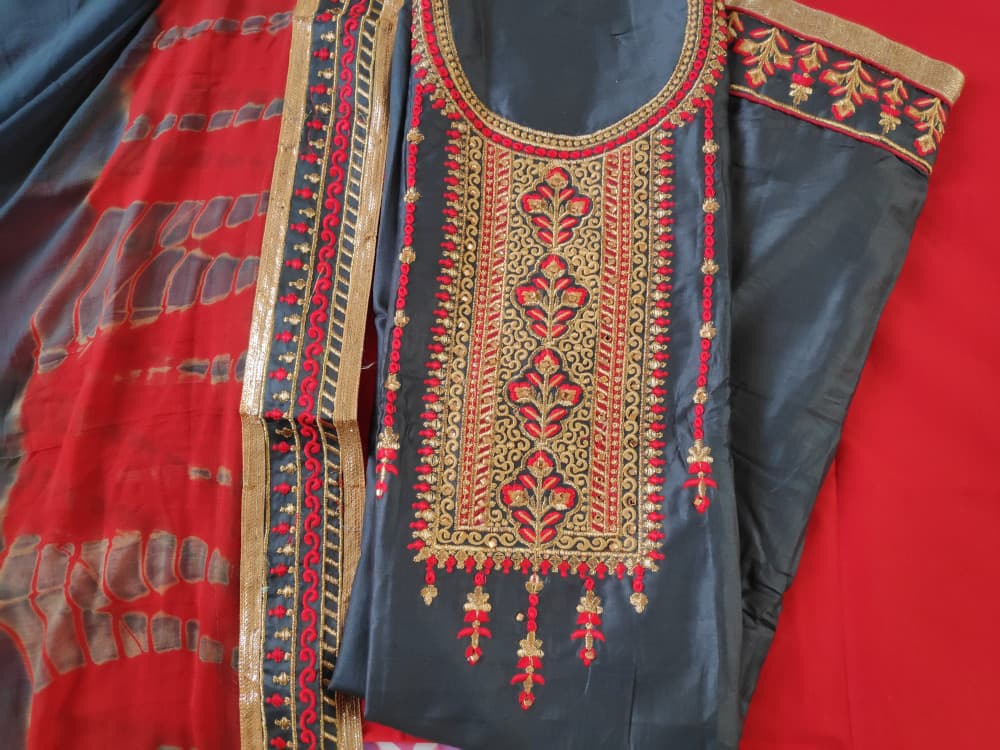 Grey Festive Wear Embroidered Cotton Suit With Broad Border Dupatta