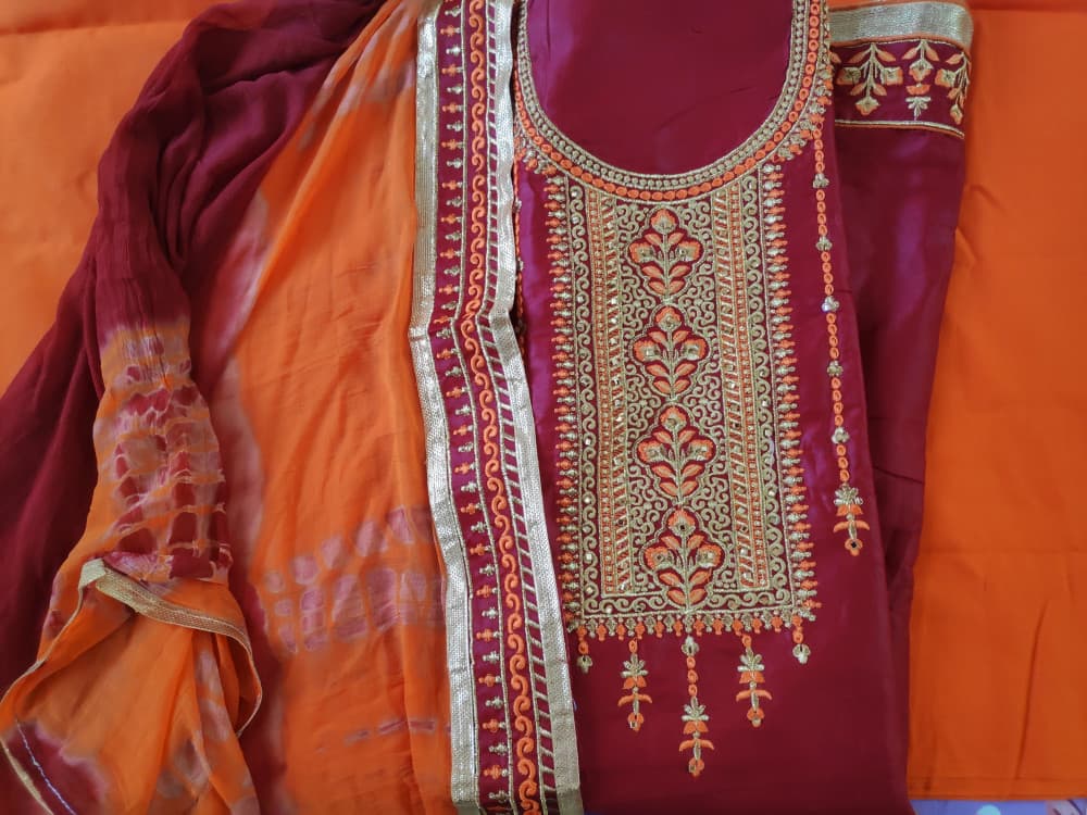 Maroon Festive Wear Embroidered Cotton Suit With Broad Border Dupatta