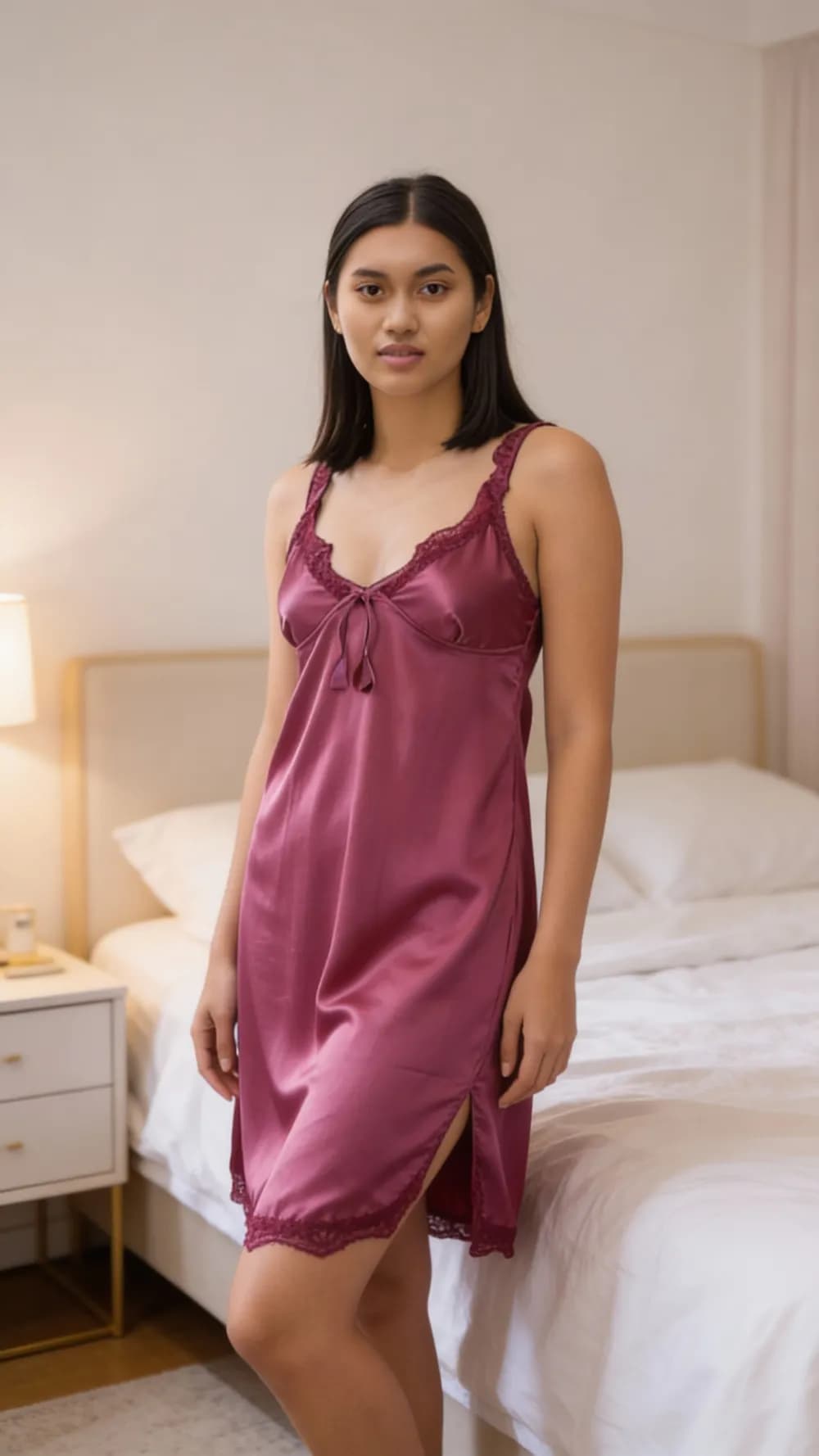 Magenta Silky Satin 2-Piece Nightwear Set - Lace Trim Robe & Slip Dress - One Size (Fits up to XL)