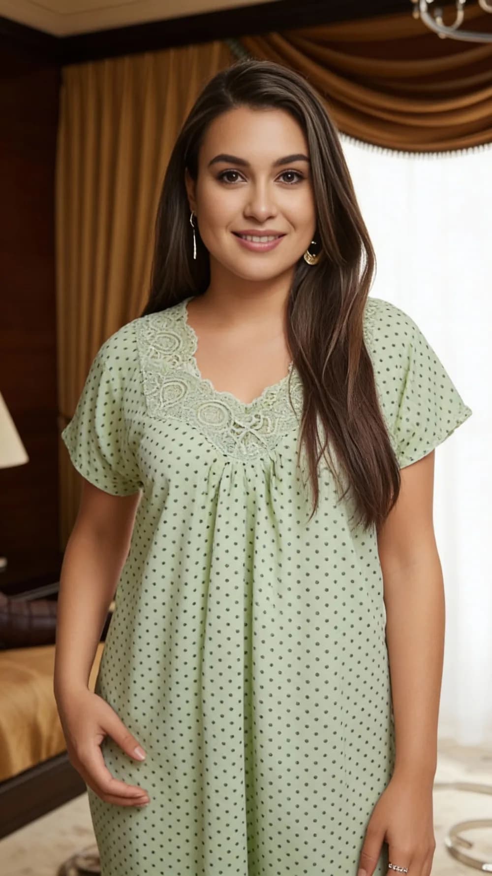 Light Green Premium hosiery night gown with lace detailing around the collar
