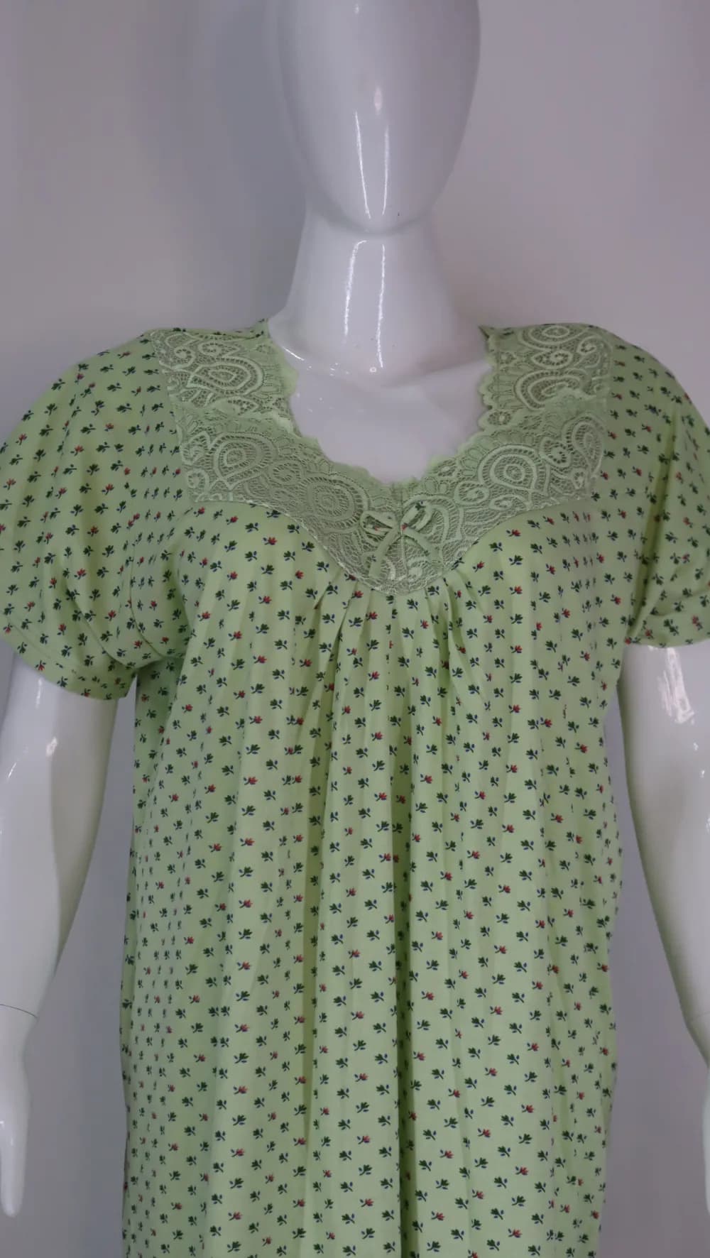 Light Green Premium hosiery night gown with lace detailing around the collar
