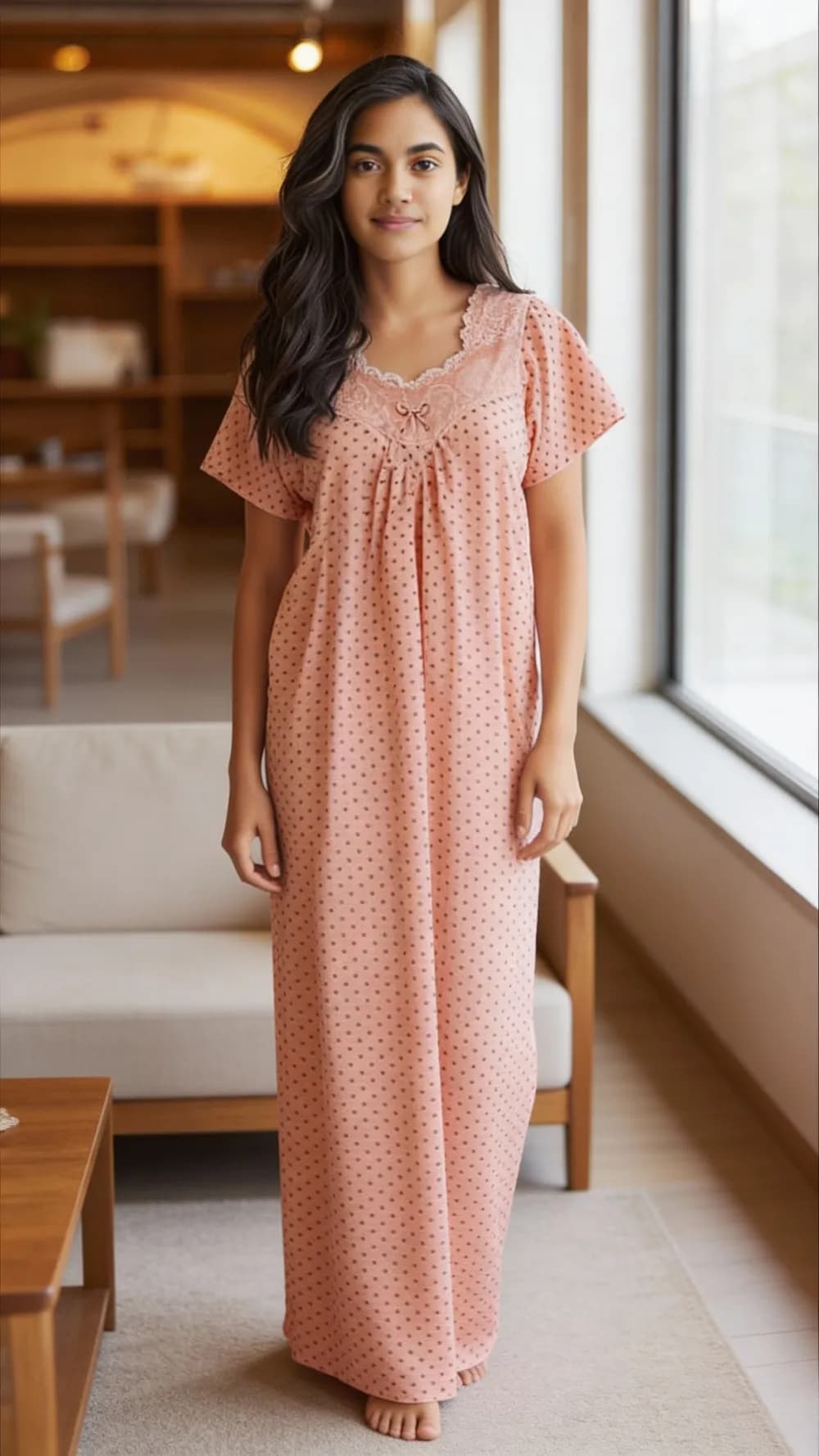 Peach Premium hosiery night gown with lace detailing around the collar