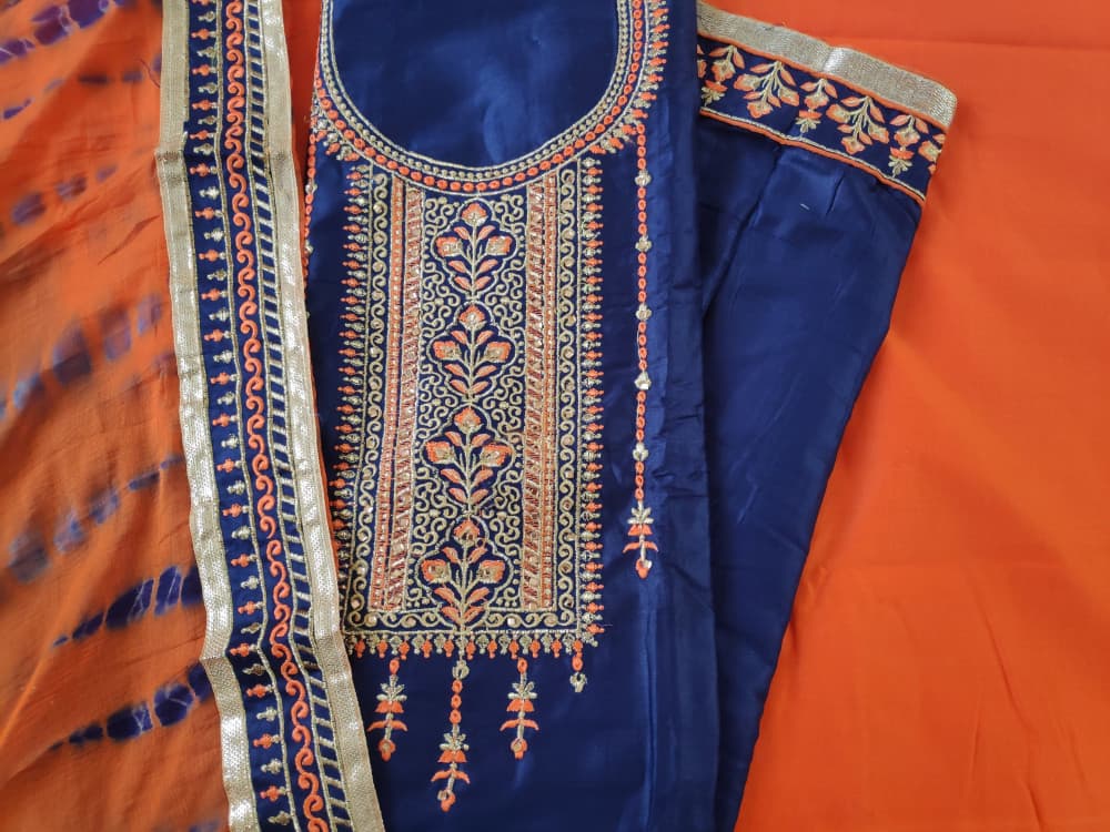 Navy Blue Festive Wear Embroidered Cotton Suit With Broad Border Dupatta