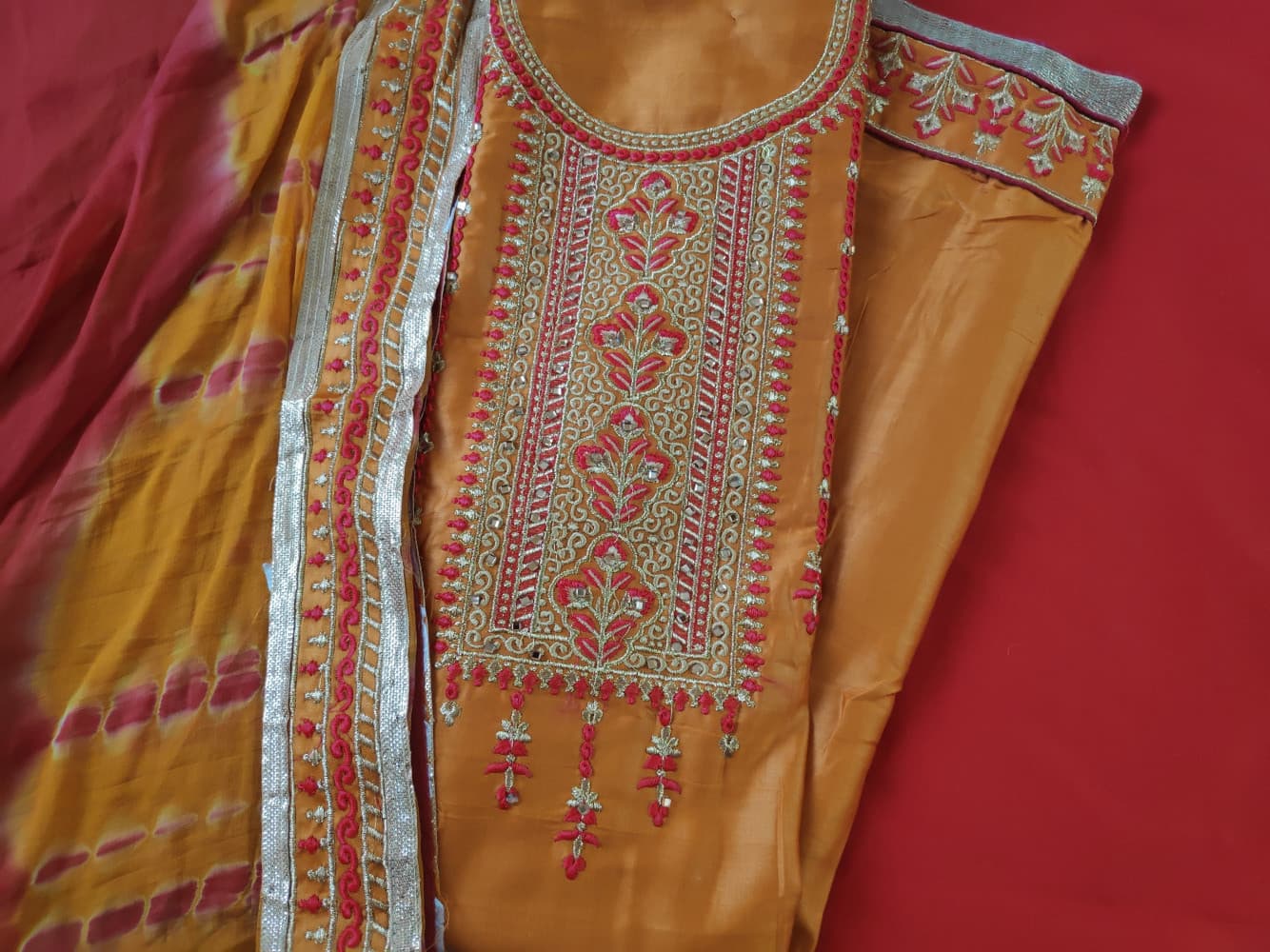 Yellow Festive Wear Embroidered Cotton Suit With Broad Border Dupatta