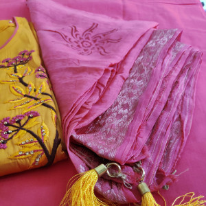 Yellow color Unstitched Suits - Beautiful Embroidered Party Wear Suit With Chanderi Dupatta