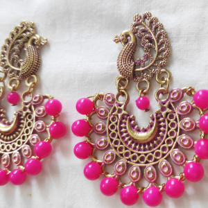 Magenta color Fashion Jewellery - Women's Peacock Design Golden Earring