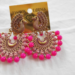 Magenta color Fashion Jewellery - Women's Peacock Design Golden Earring