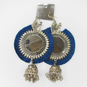 Blue color Fashion Jewellery - Women's Silver Oxidised Mirror Earring