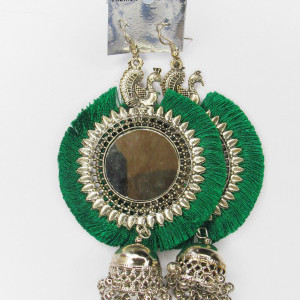 Dark Green color Fashion Jewellery - Women's Silver Oxidised Mirror Earring