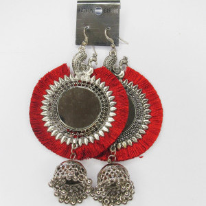 Red color Fashion Jewellery - Women's Silver Oxidised Mirror Earring