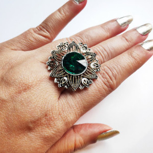 Dark Green color Fashion Jewellery - Oxidised Antique Silver tone Statement Finger ring for girls 