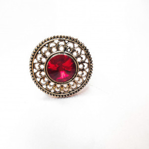 Red color Fashion Jewellery - Oxidised Antique Silver tone Statement Finger ring for girls 