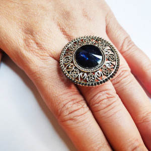 Navy Blue color Fashion Jewellery - Oxidised Antique Silver tone Statement Finger ring for girls 