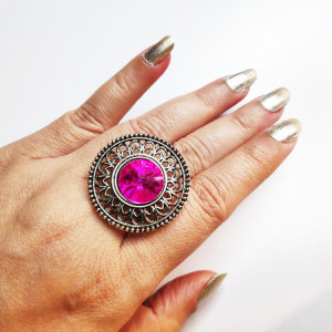 Fuchsia Pink color Fashion Jewellery - Oxidised Antique Silver tone Statement Finger ring for girls 