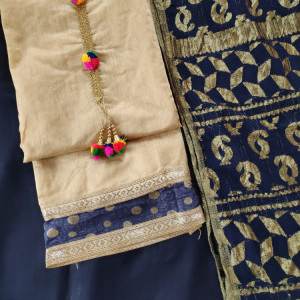 Navy Blue color Unstitched Suits - Festive Wear Chanderi Suit With Net Heavy Dupatta